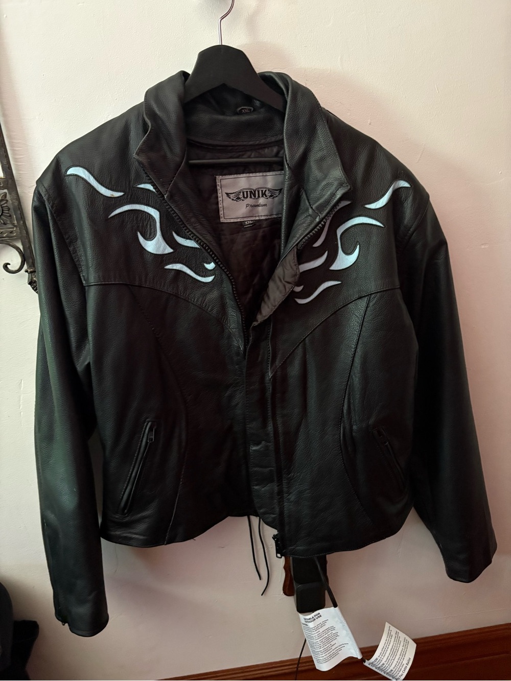 Unik Black Leather Jacket with Light Blue Flame Details